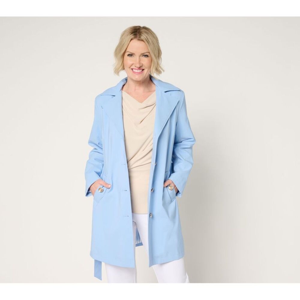 Dennis Basso Women's Petite Jacket PS Water Resistant Trench Coat Blue A679224